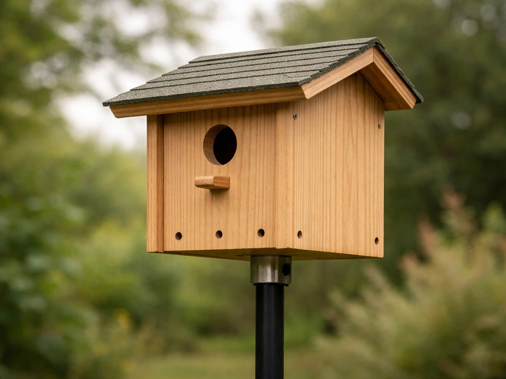 Close-up of a bird nest box on a metal pole, level with slight forward tilt; drainage holes visible.