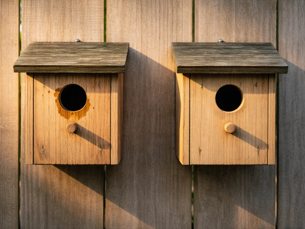 Two simple birdhouse setups: one in harsh west-facing light, one rotated toward gentler east light.