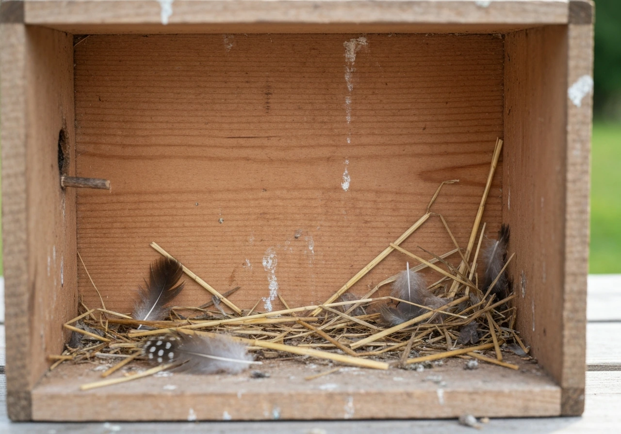 Inside a wooden bird house with loose old nesting material scattered, hinting birds don’t fully clean it.