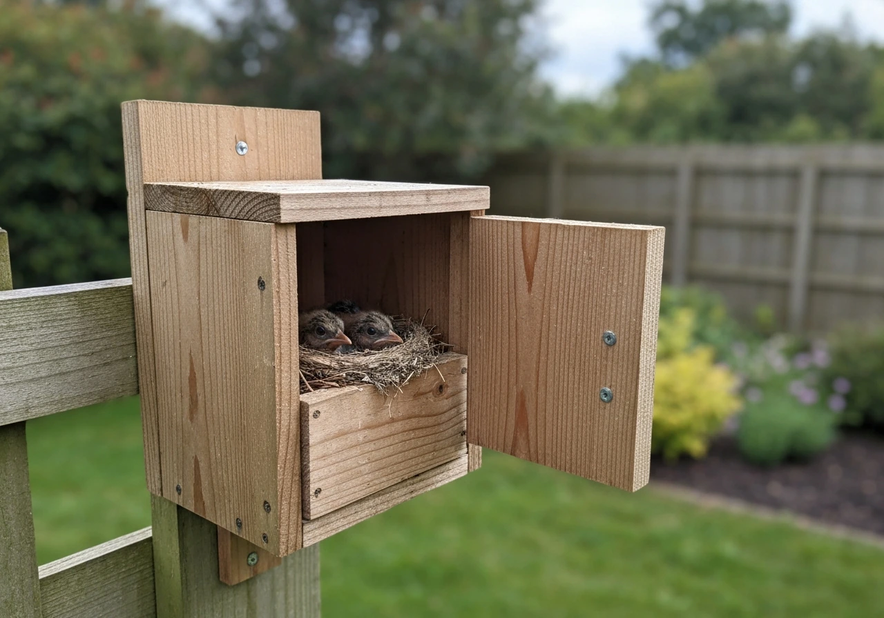 Open nest box with clearly visible live nestlings inside, suggesting the need to avoid disturbing occupied nests.