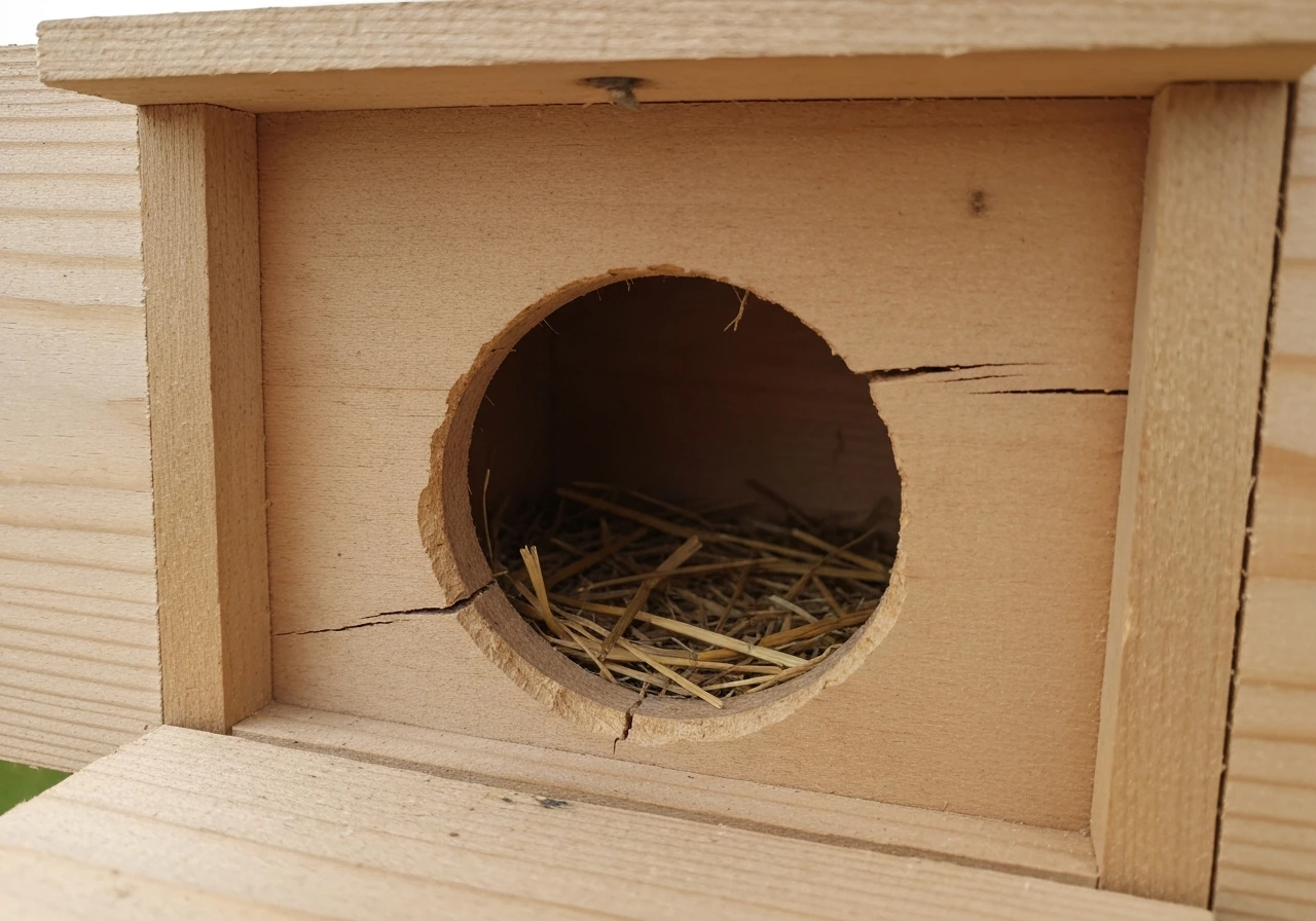 Close-up of a bird nest box entrance hole and wooden edges showing cracks and weathering