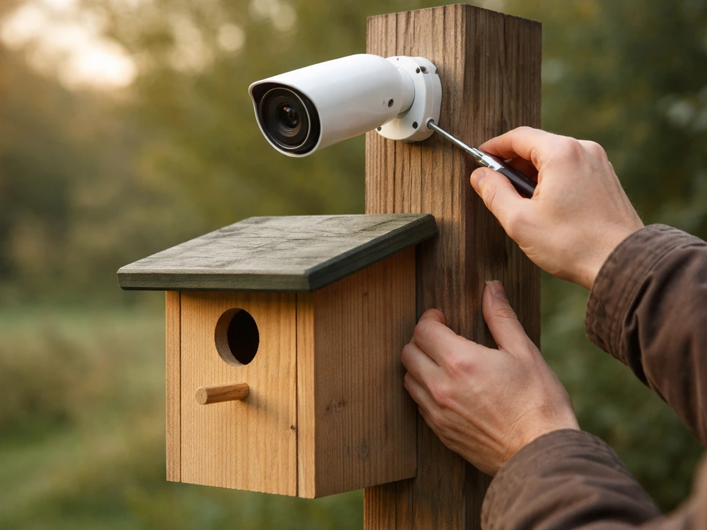 Outdoor nesting box camera hardware mounted on a post with the box positioned before birds arrive.