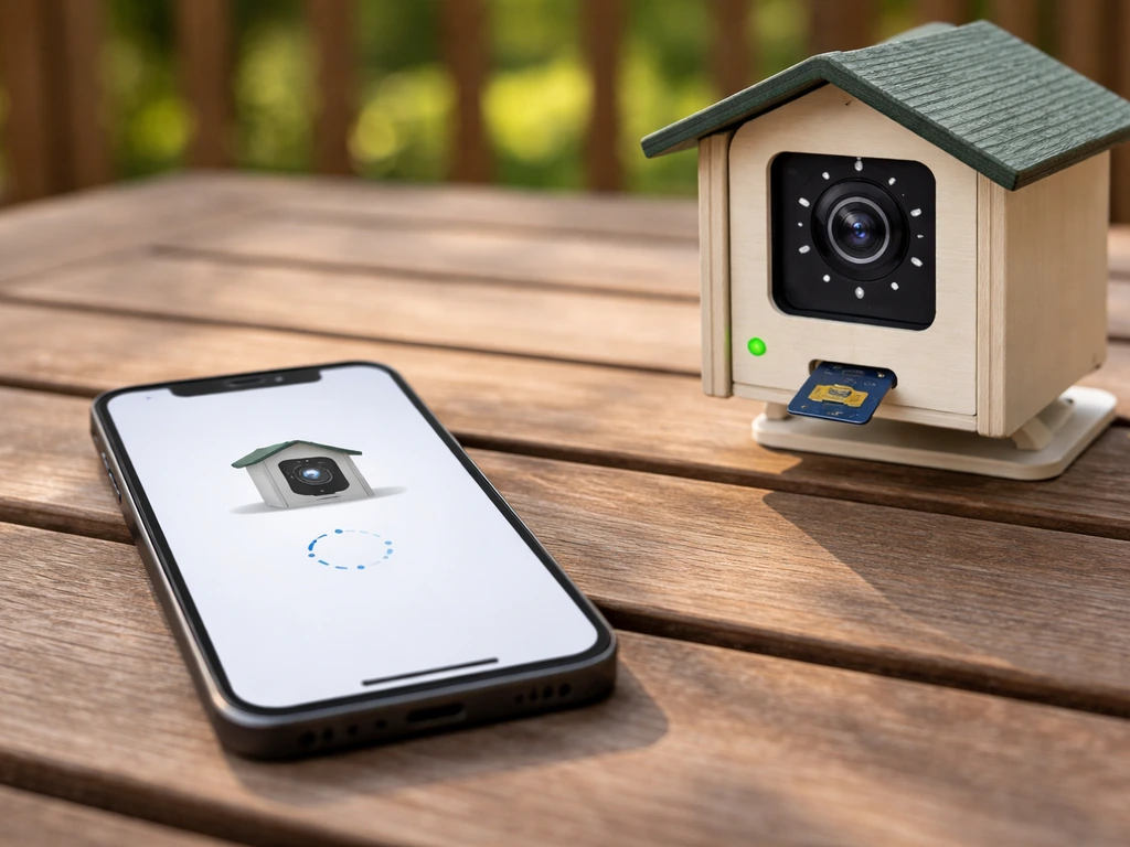 Phone showing camera pairing screen next to a bird box camera with an SD card inserted.