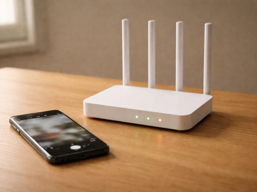 Home router and smartphone beside it with blurred camera app and glowing security LEDs.