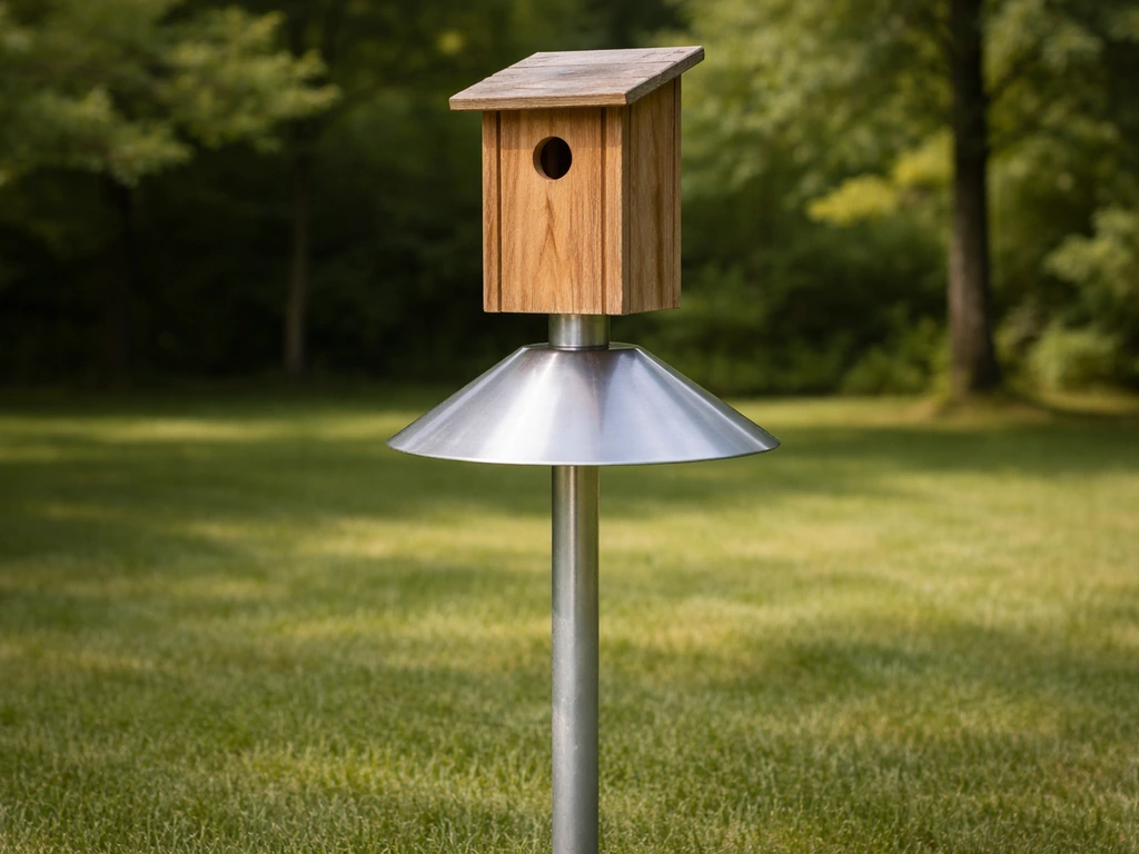 Single bird house on a metal pole with a predator guard/baffle around the entrance in an open yard.