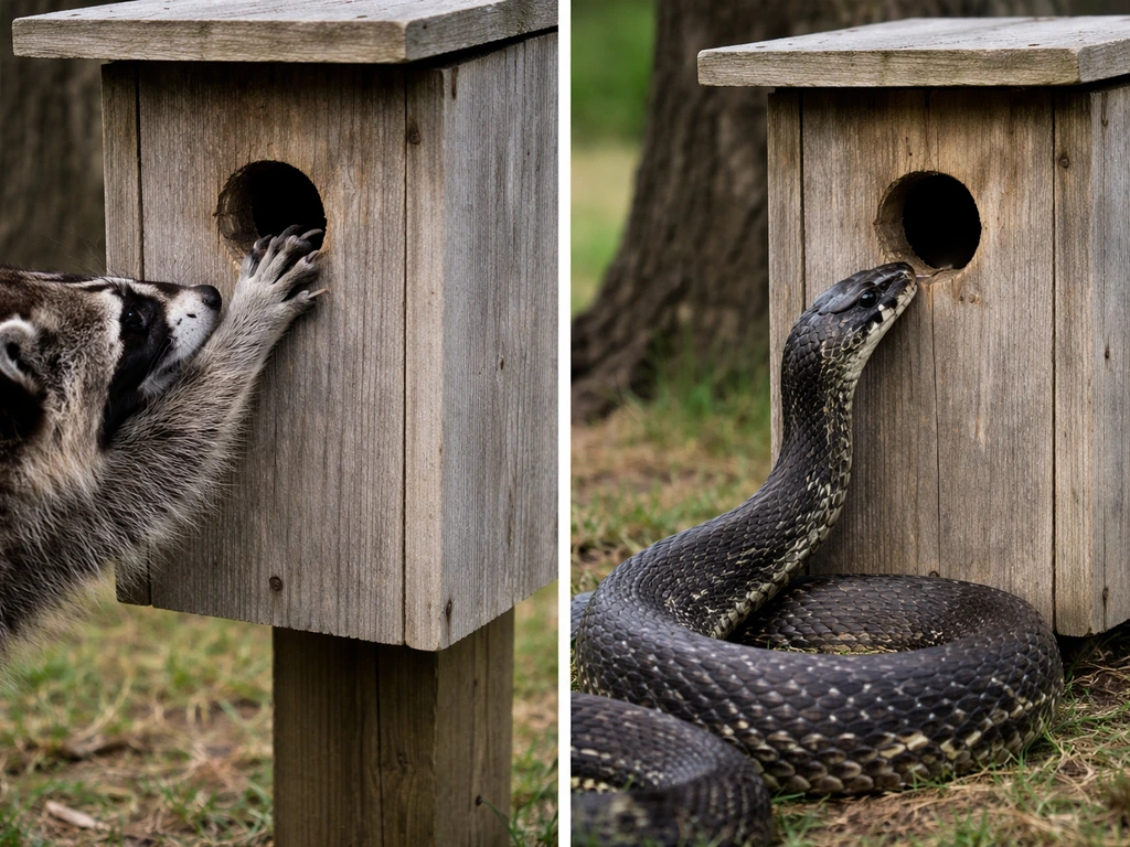 Side-by-side raccoon reaching a nest box and a snake poised to enter the entrance.