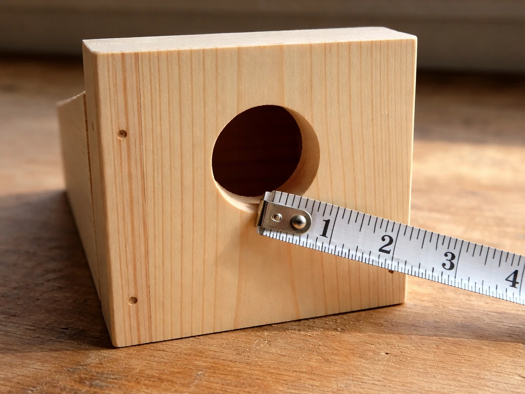 Wooden bird nest box front with a correctly sized circular entrance hole and measuring tape.