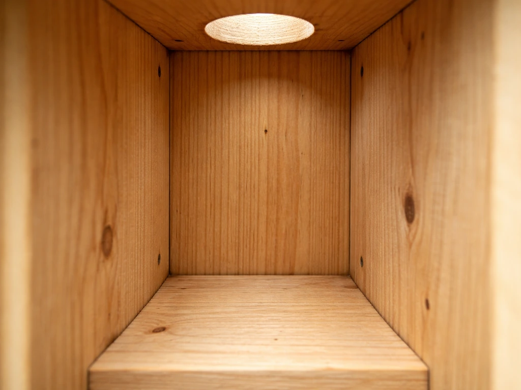 Close-up of a birdhouse interior showing deeper cavity and a low floor with an entrance higher above it.
