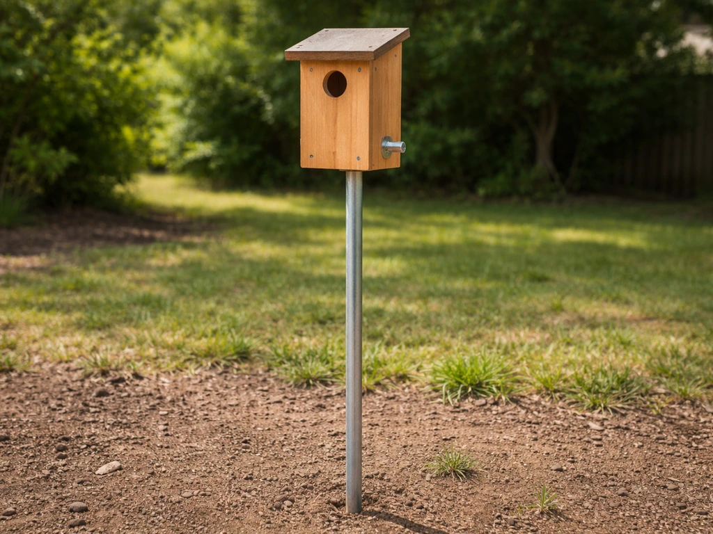 Cavity nest box mounted on a smooth round metal pole with clear space from nearby climbing surfaces.