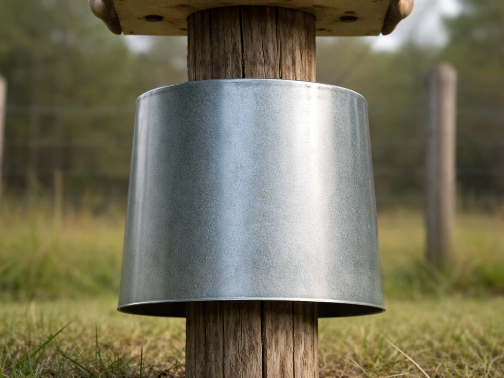 Close-up of a stovepipe metal baffle on a pole blocking access to a nesting box.
