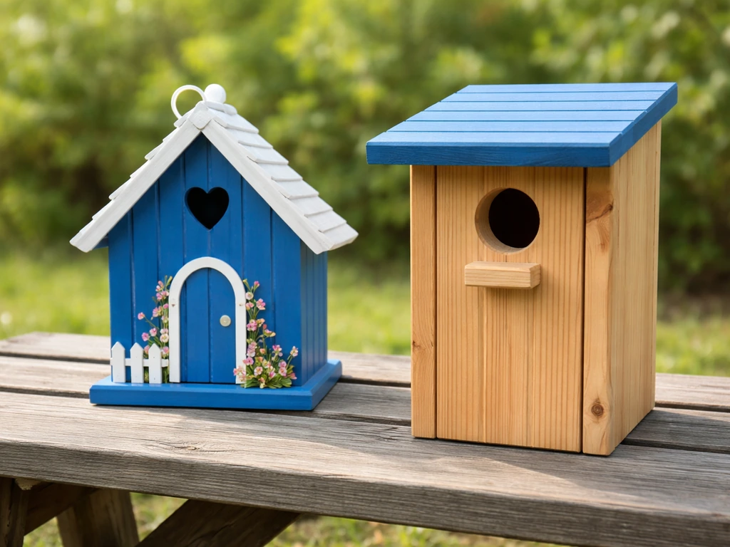 Side-by-side view of a decorative blue birdhouse and a precision bluebird nesting box entrance hole.