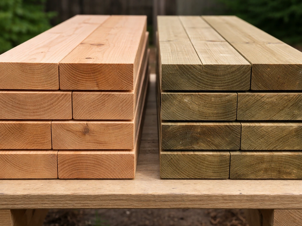 Close-up of rot-resistant untreated wood boards beside pressure-treated boards, showing clear thickness differences.