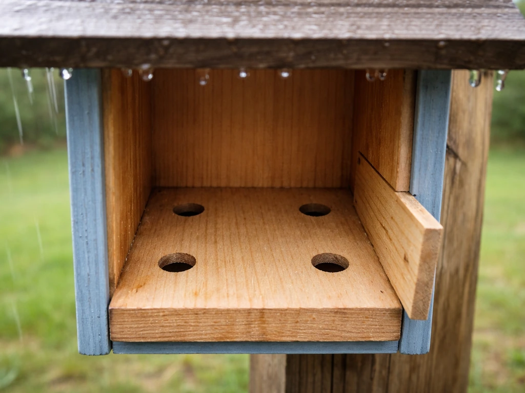 Close-up of a bluebird nesting box base with drilled drainage holes and a small rain-shedding roof overhang.