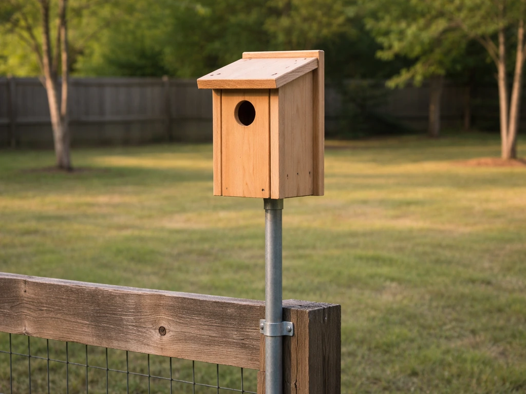 Bluebird nest box mounted on metal conduit at about 5 feet in a sunny yard near open habitat