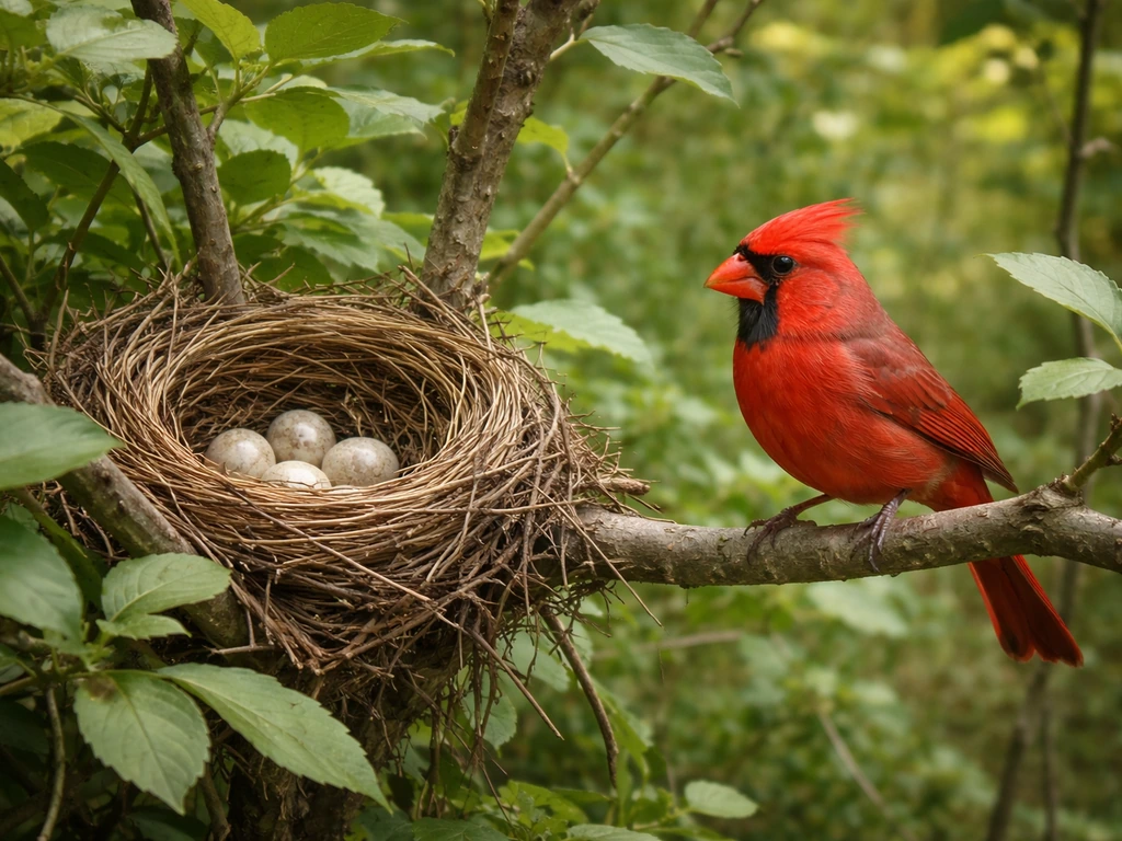 Northern cardinal perched near an open cup nest in dense shrub branches, showing nesting behavior