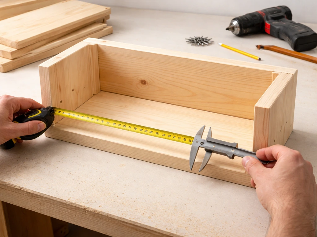 Hands measuring an open-front cardinal nest shelf build with tape measure and wood panels on a workbench.
