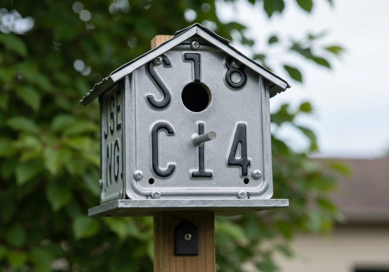 Outdoor DIY bird house made from weathered license plates mounted on a post, with a clear entrance hole.