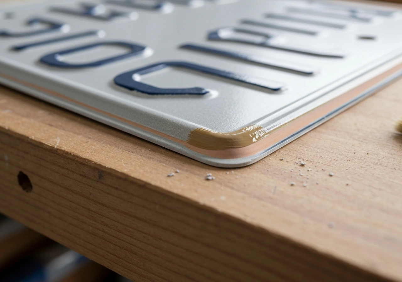 Close-up of sanded license plate edge with a thin coat of exterior paint drying on a workbench