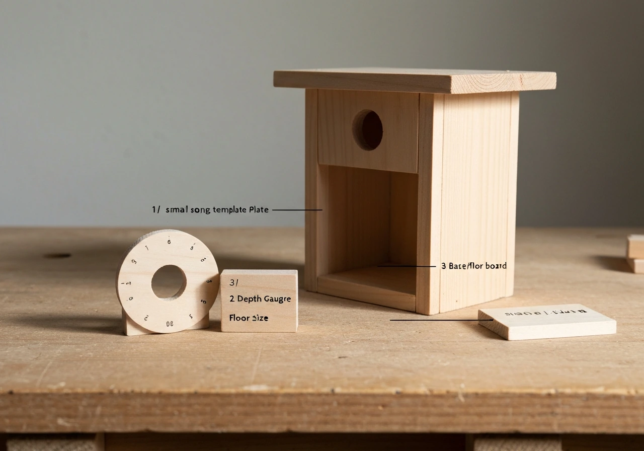 Wooden birdhouse model on a bench with simple physical sizing templates for entrance hole, depth, and floor.