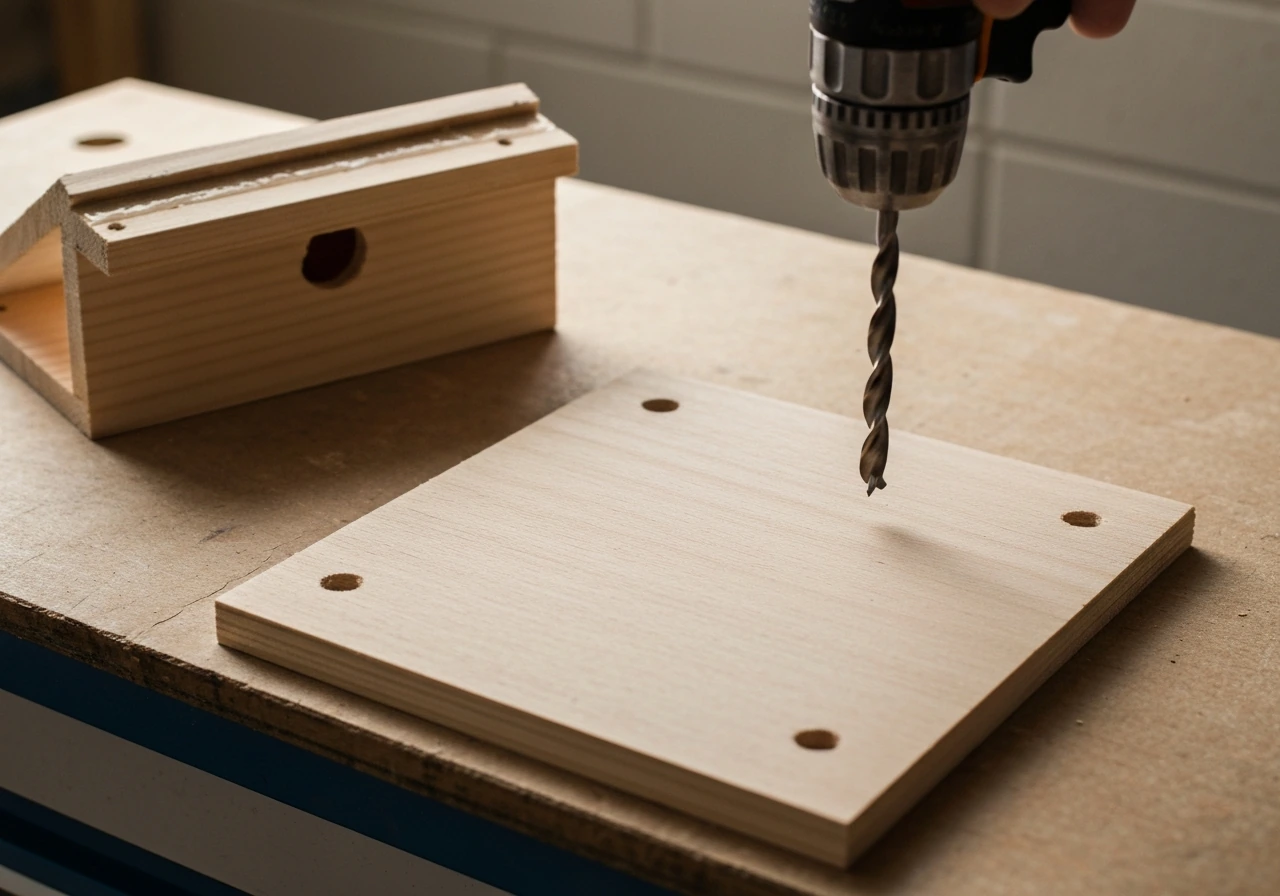 Close-up of a wooden birdhouse floor being drilled with drainage holes and a roof with sealed seams nearby.