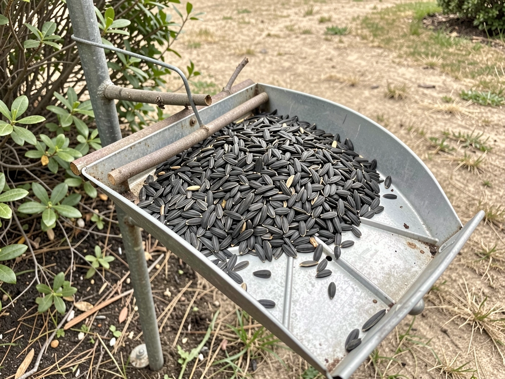Hopper or tube bird feeder with seed and nearby perches