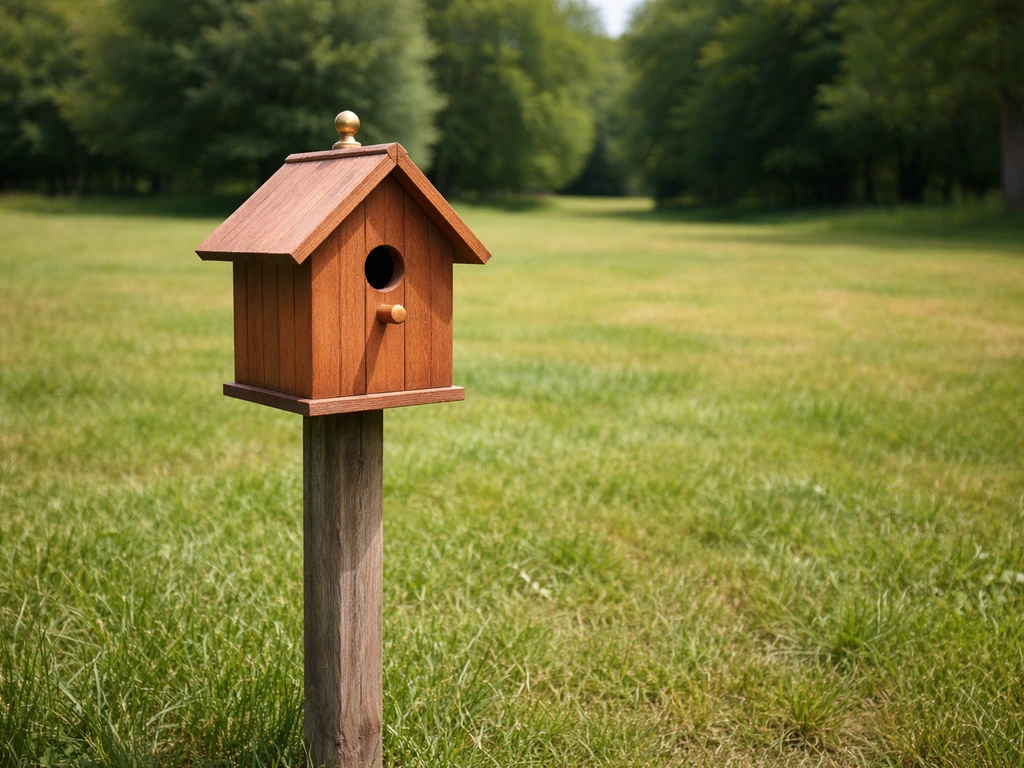 Copper birdhouse on a post in an open, uncluttered grassy lawn habitat with clear flight space.