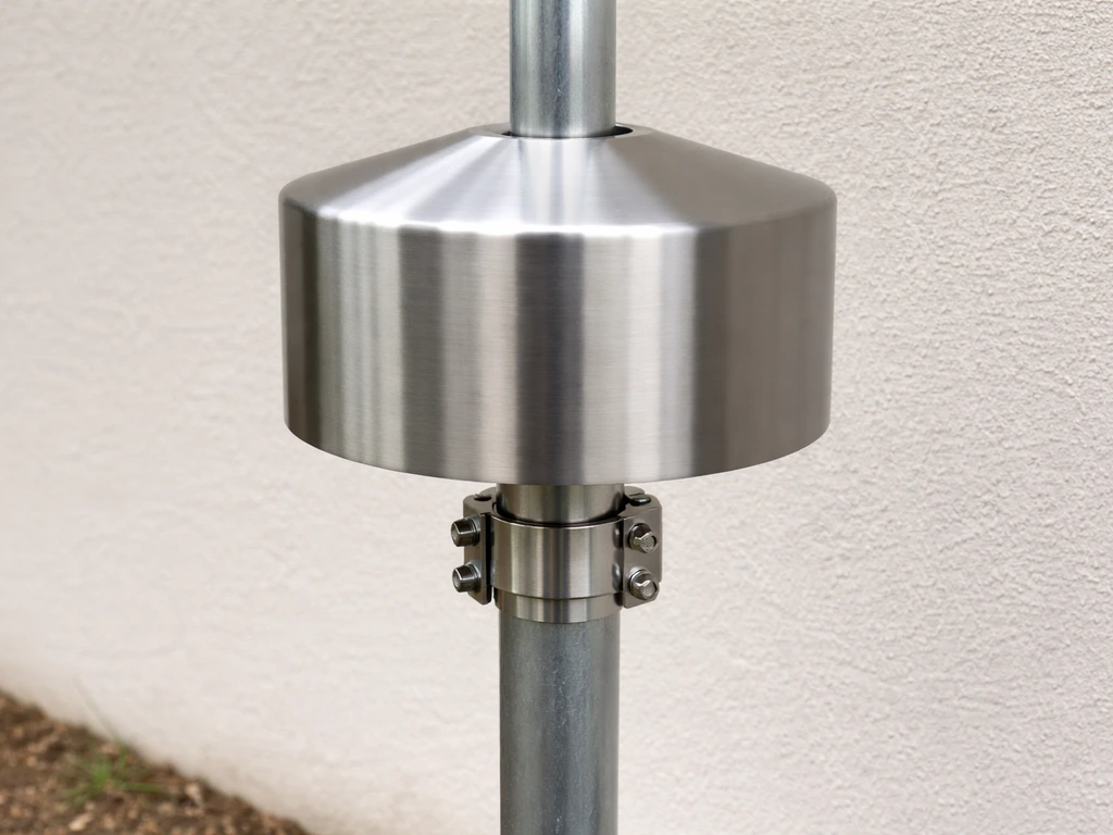 Close-up of a smooth metal pole with a mounted cylindrical baffle and visible secure hardware.
