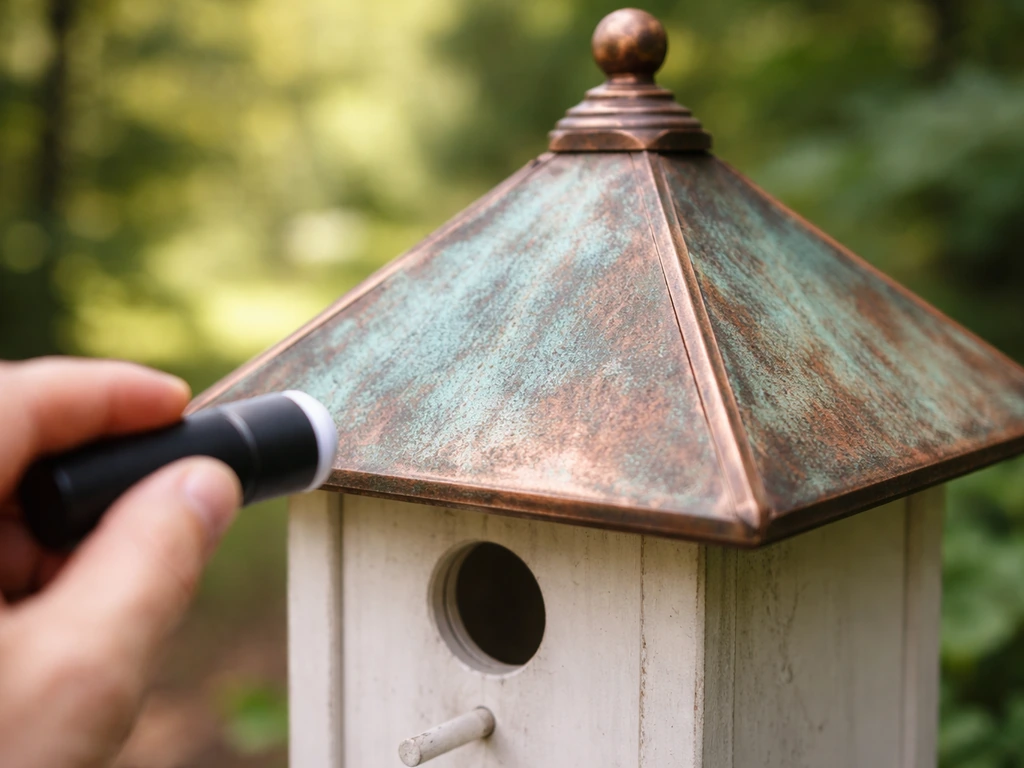 Close-up of a copper birdhouse roof with green patina, showing an unhandled surface suitable for inspection only.