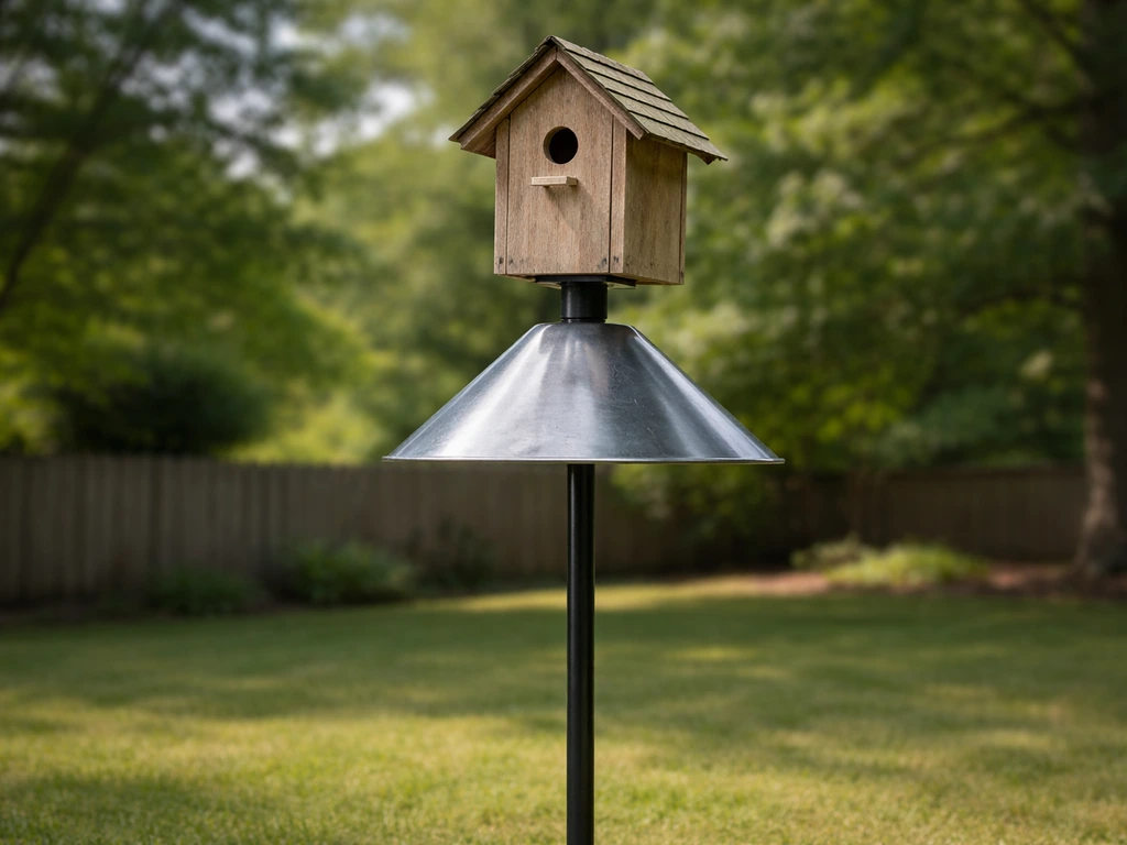Pole-mounted bird house with a visible snake guard/baffle protecting the entrance in a quiet backyard.