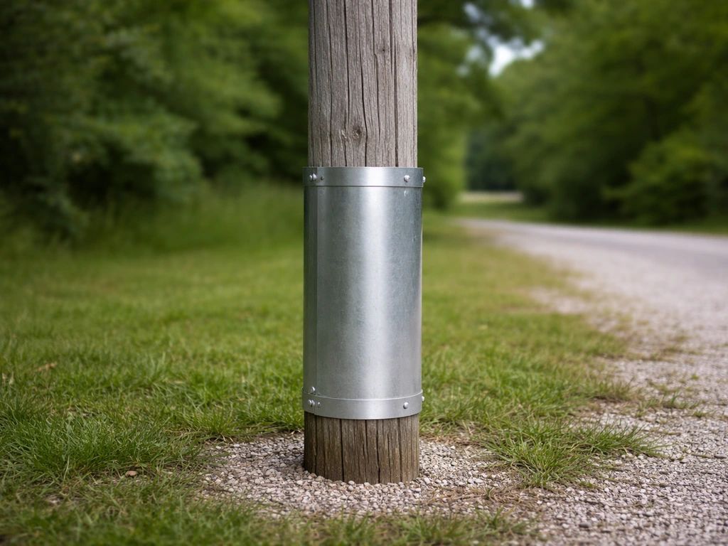 Metal guard installed on a pole, extending far down to prevent climbing and bypass.