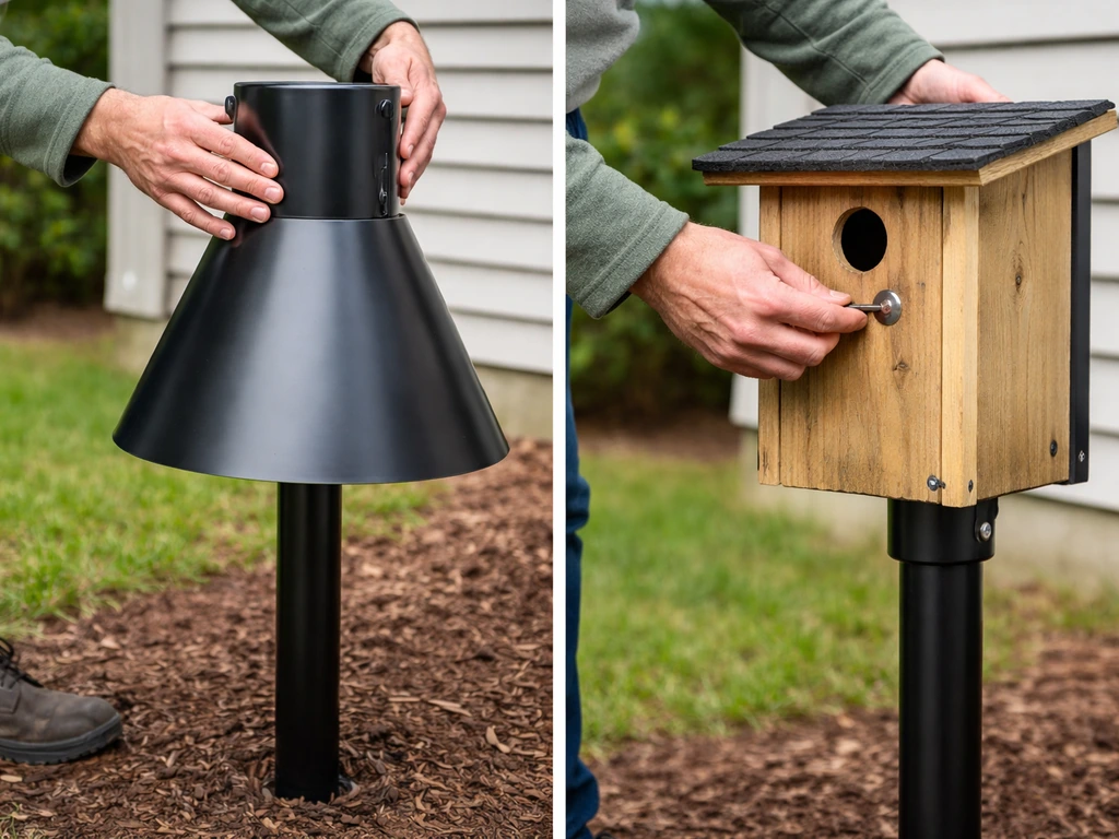 Hands sliding a stovepipe snake guard baffle onto a pole and attaching a nest box flush.