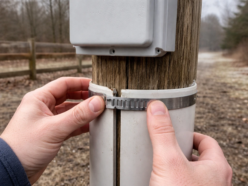 Hand inspecting a PVC pipe guard clamp and checking the gap to a box bottom on a wooden post