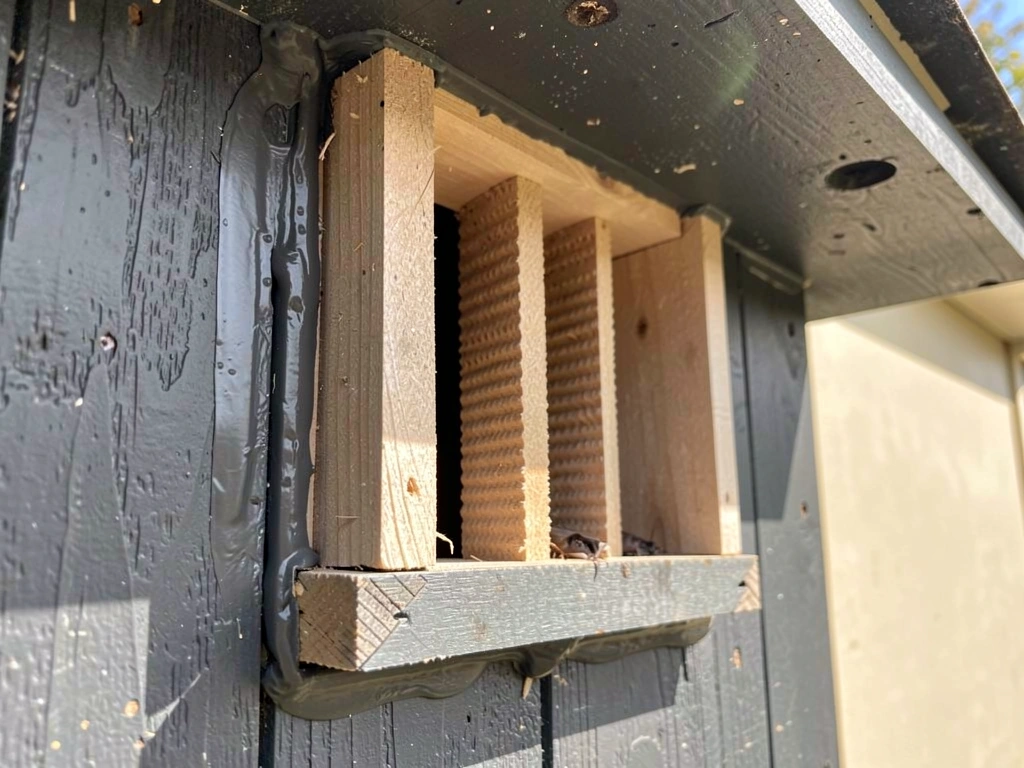 Multi-chamber bat house interior grooves and bottom entry slot detail.