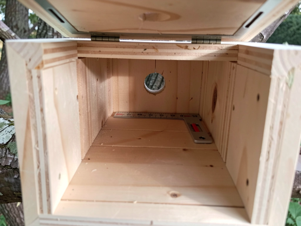 Birdhouse interior detail with correct entrance hole and removable access.