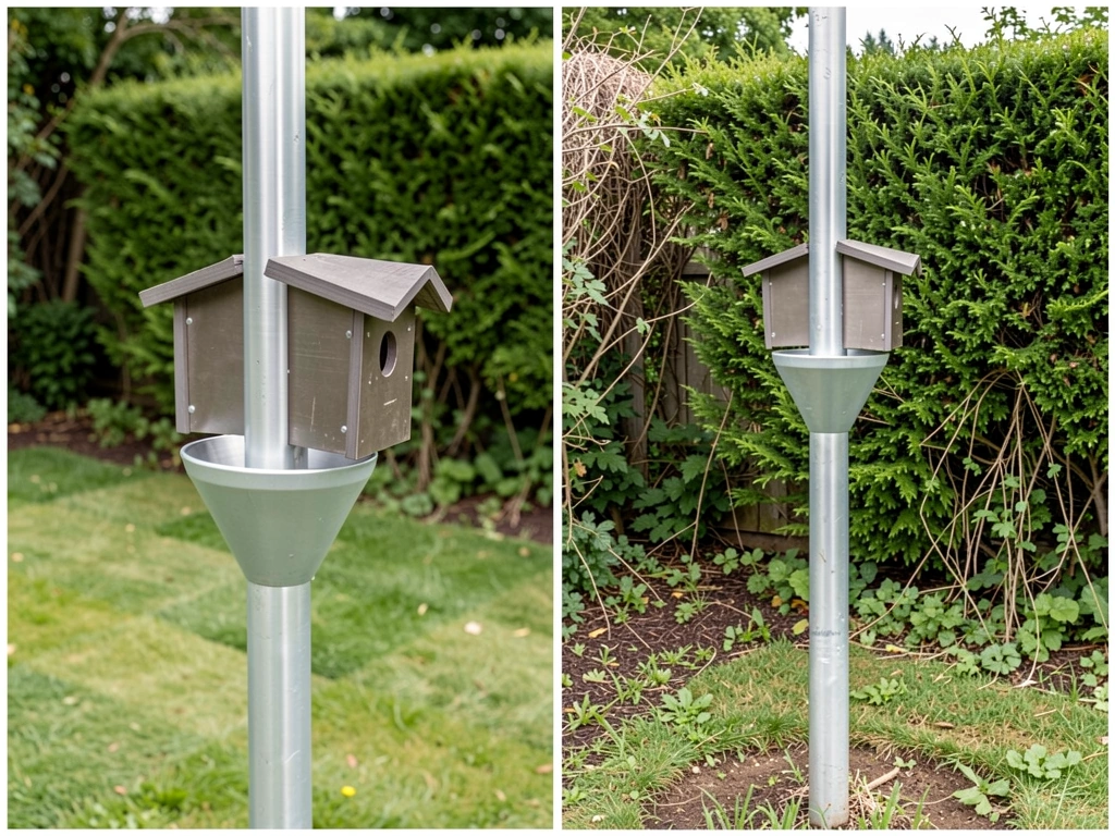 Bird house on baffle pole with cleared entrance flight path.
