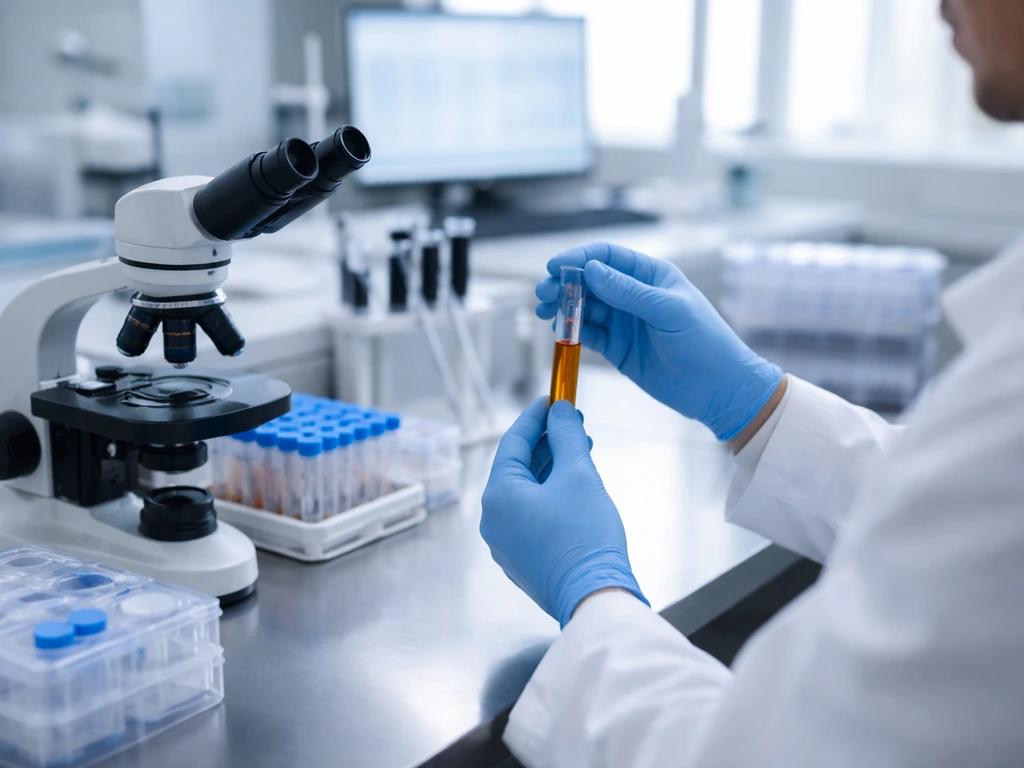 Lab scientist examining a respiratory sample tube at a clean outbreak lab bench.