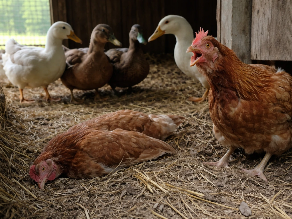 Close-up of a backyard poultry pen with hens and ducks, one bird showing visible breathing distress.