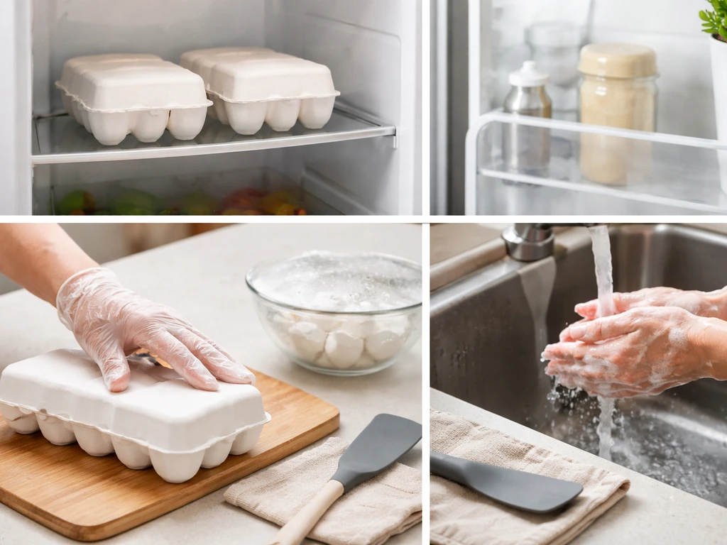 Gloved hands placing refrigerated egg cartons on a clean counter beside separate utensils and a sink.