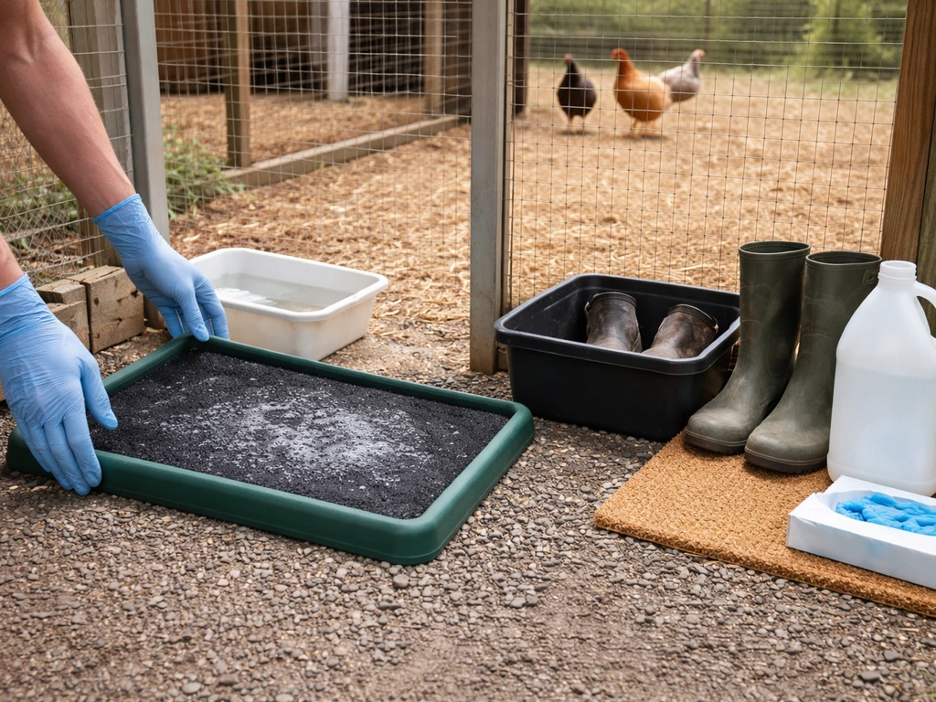 Gloved hands setting up a disinfectant footbath at a backyard chicken run entrance.
