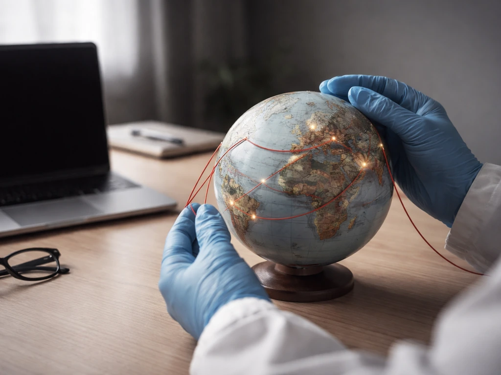 Minimal desk scene with a globe and subtle red thread arcs implying global bird flu spread hotspots.