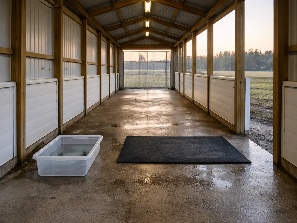 Empty poultry barn entrance with closed gate and disinfecting footbath area emphasizing outbreak control
