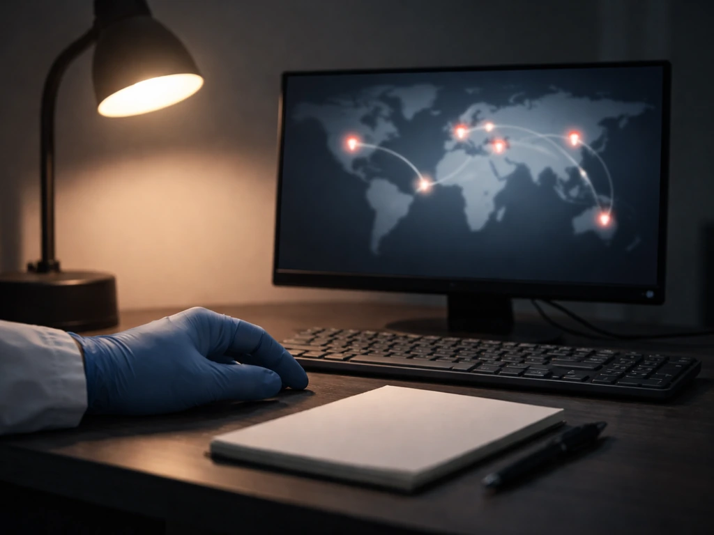 Minimal map-like scene with a glowing red pin cluster on a monitor and a focused analyst hand near notes