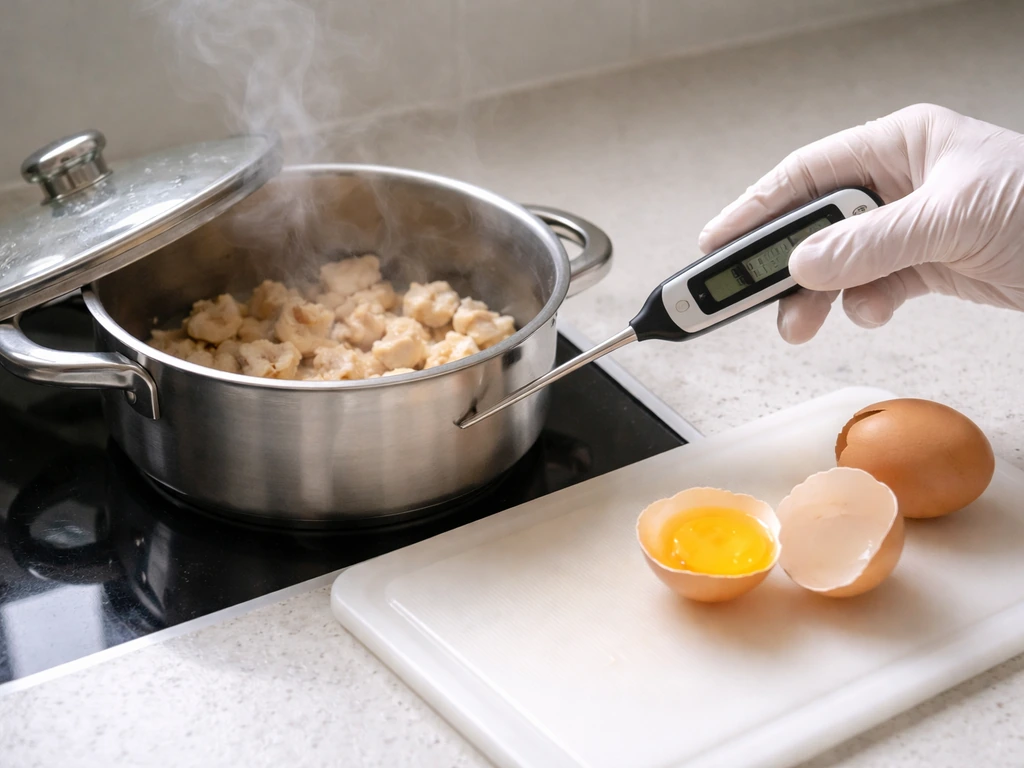 Cookware with chicken and eggs simmering until steaming, with a food thermometer checking doneness
