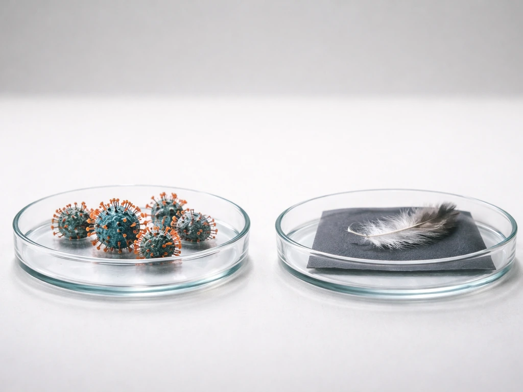 Two minimal glass dishes: generic influenza-like viruses beside an avian feather fragment to imply different flu types.