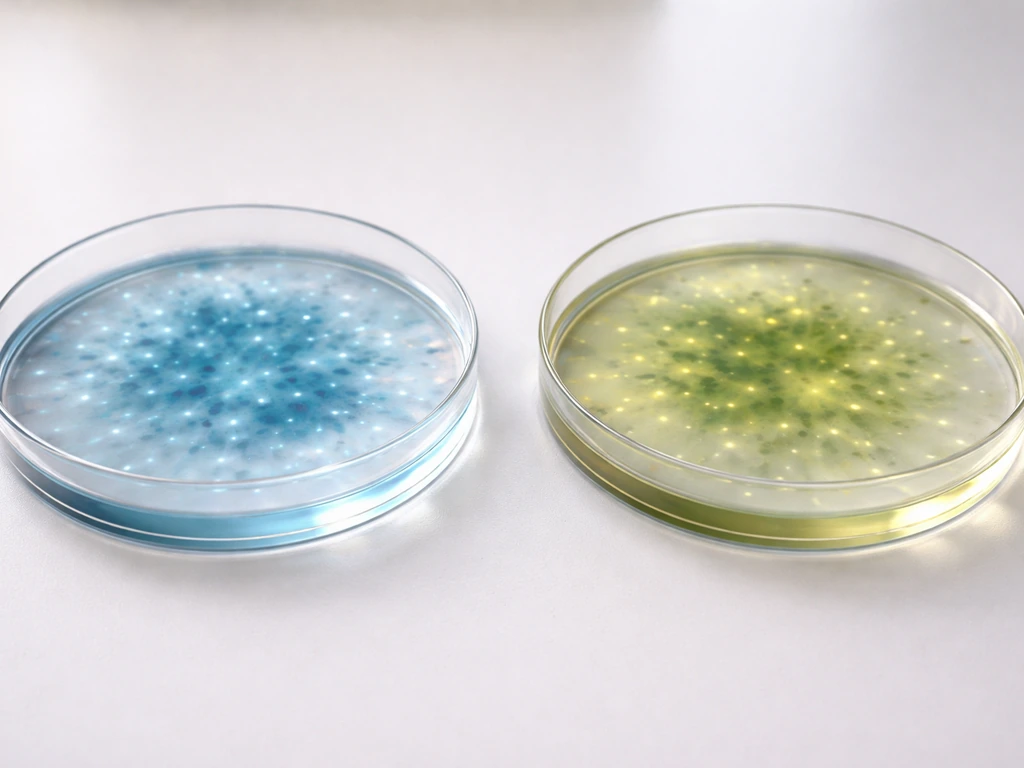 Minimal photo of a microscope view showing two blurred viral shapes in separate glass petri dishes