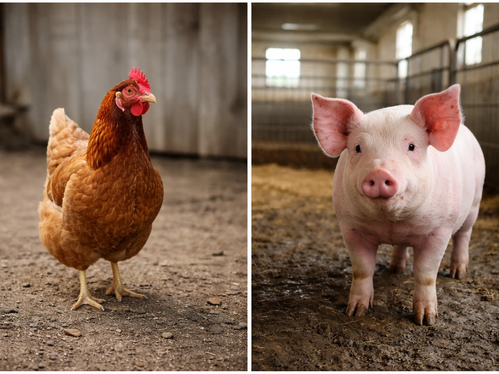 Minimal side-by-side scene showing a chicken near waterfowl and a pig near a barn floor, symbolizing bird vs swine influ