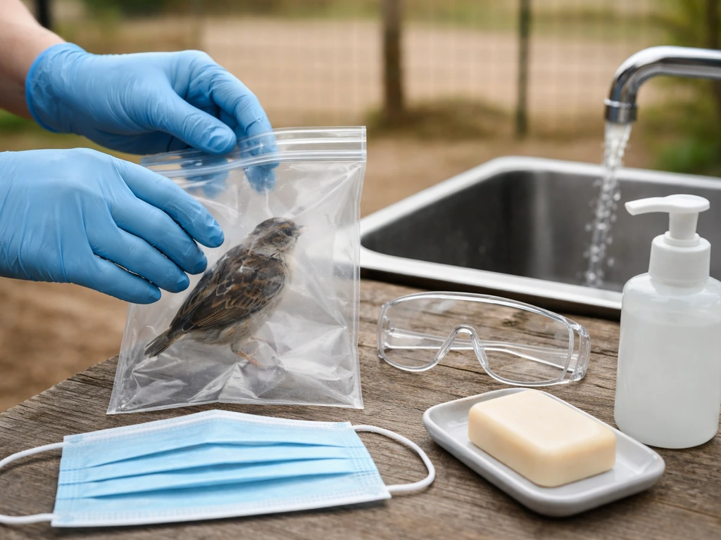 Gloved hands placing a dead wild bird into a sealed plastic bag beside a soap-and-water handwashing setup