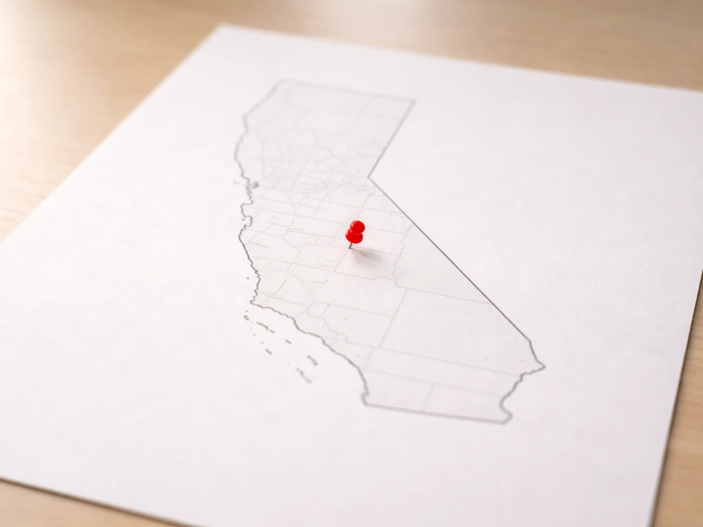 Minimal photo of a county map print on a desk with a small red location pin near the California outline.