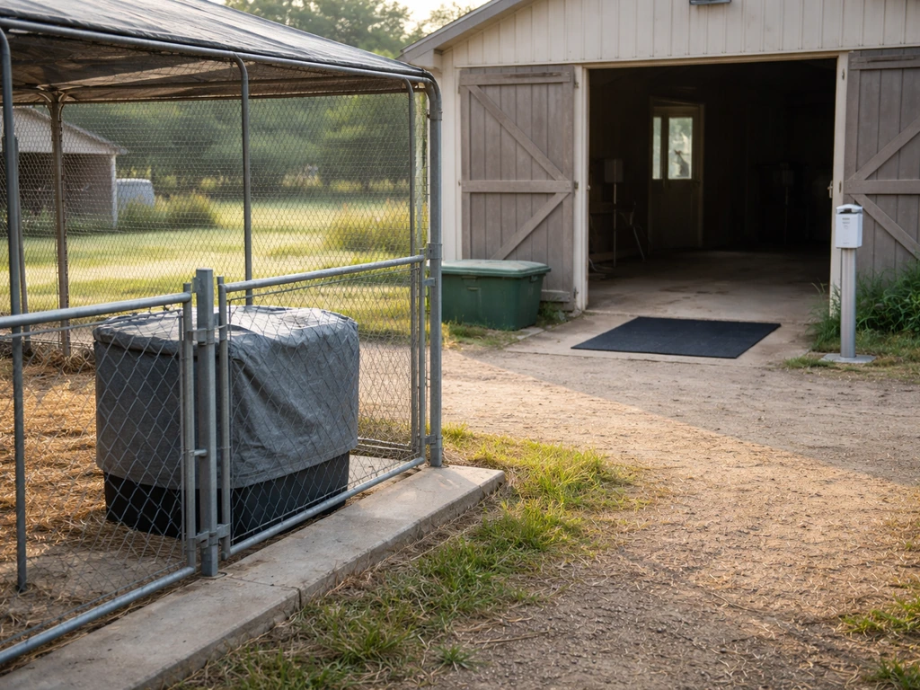 Clean covered poultry run and secured feed area beside a dairy barn entrance with disinfectant mat.
