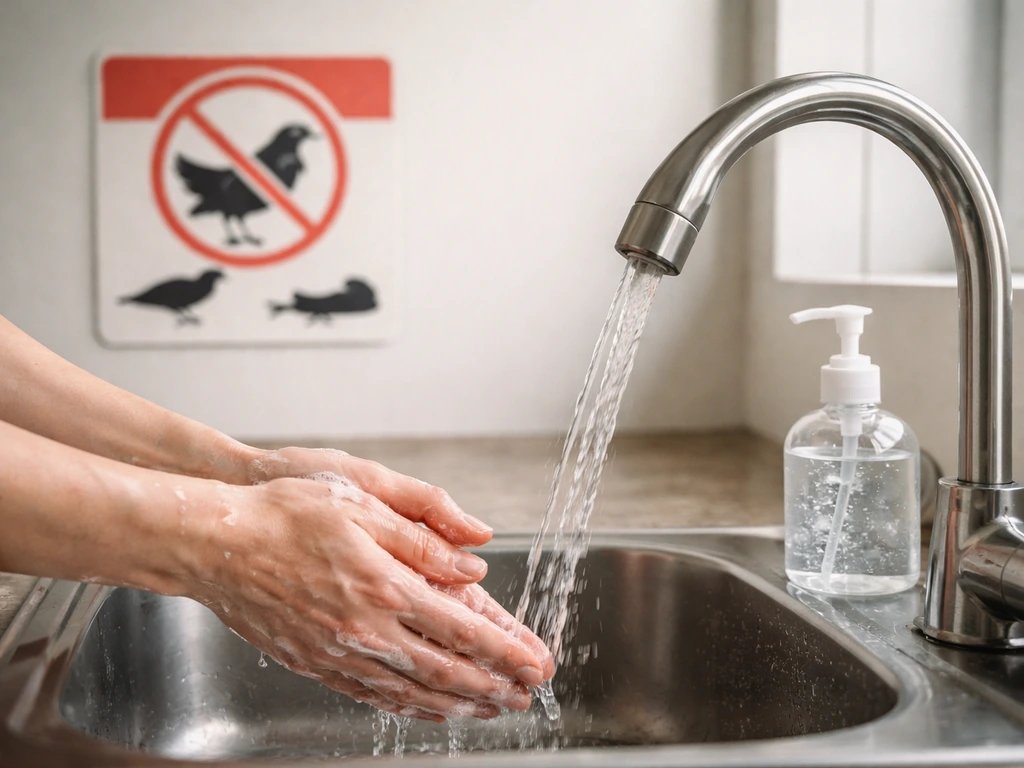 Hands washing at a sink with sanitizer nearby and a blurred caution-style sign about wild birds.